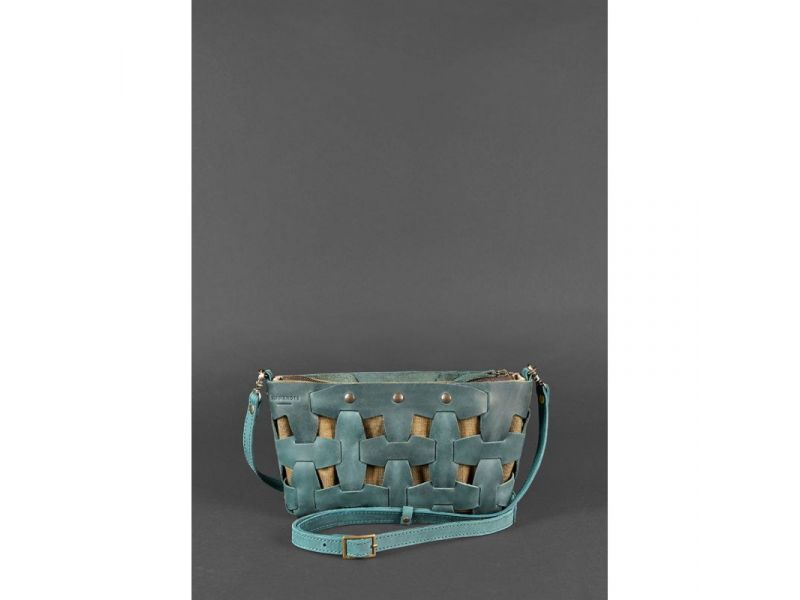Кожаная плетеная женская сумка Пазл S зеленая Crazy Horse, фото 2