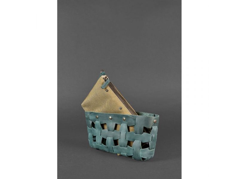 Кожаная плетеная женская сумка Пазл S зеленая Crazy Horse, фото 5