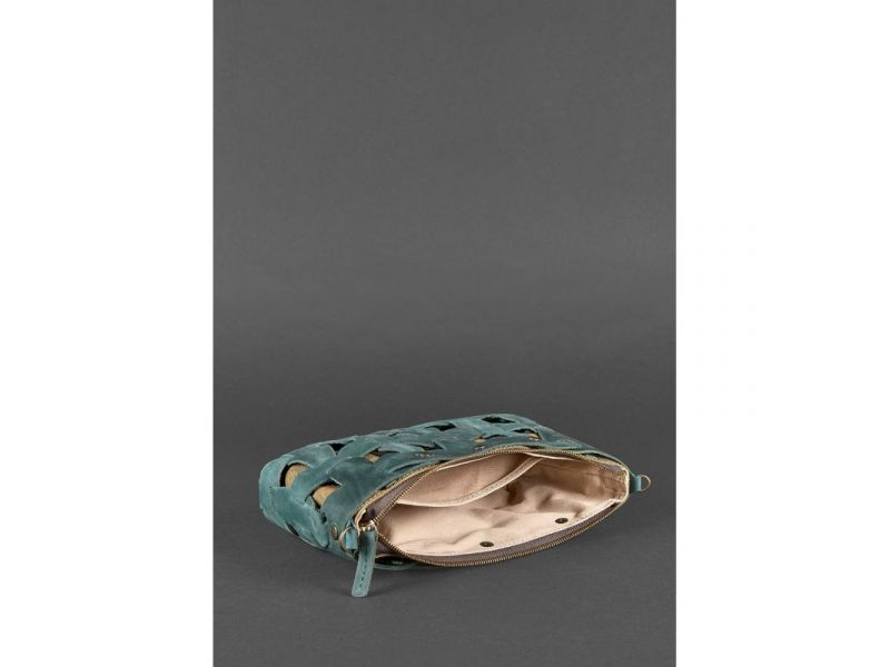 Кожаная плетеная женская сумка Пазл S зеленая Crazy Horse, фото 6