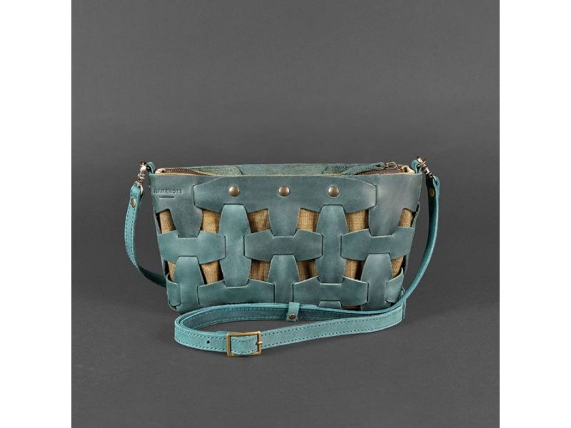 Кожаная плетеная женская сумка Пазл S зеленая Crazy Horse, фото 10