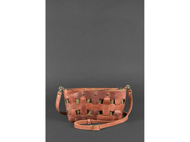 Кожаная плетеная женская сумка Пазл S светло-коричневая Crazy Horse, фото 2