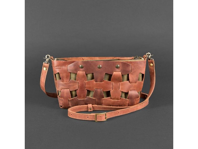 Кожаная плетеная женская сумка Пазл S светло-коричневая Crazy Horse, фото 8