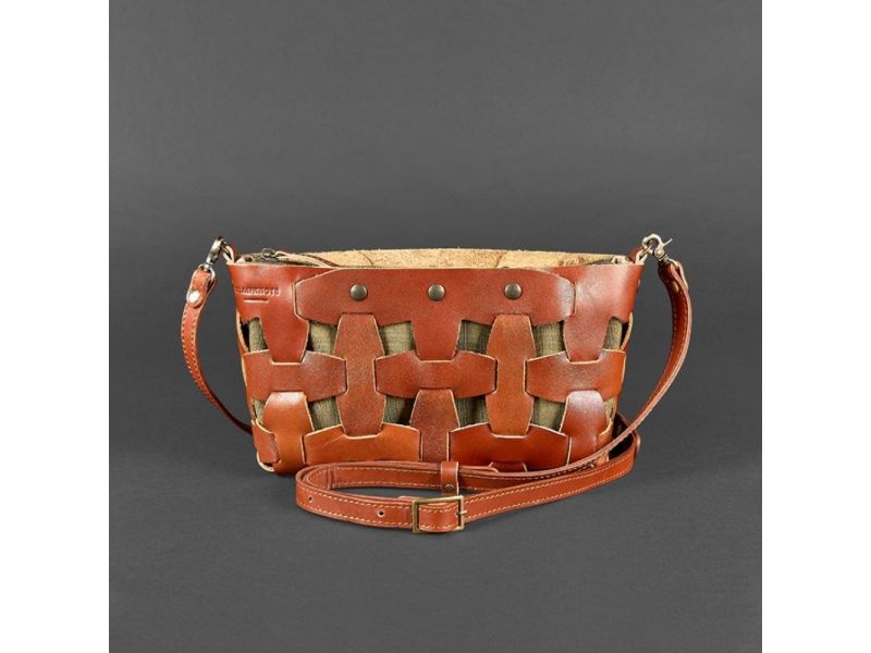 Кожаная плетеная женская сумка Пазл S светло-коричневая краст, фото 8