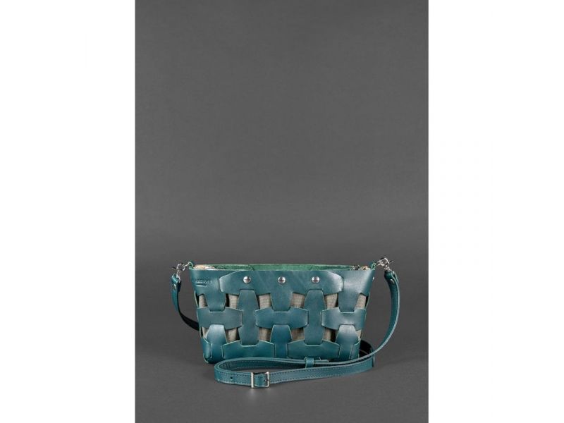Кожаная плетеная женская сумка Пазл S зеленая Krast, фото 2