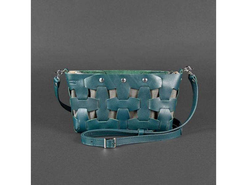 Кожаная плетеная женская сумка Пазл S зеленая Krast, фото 8