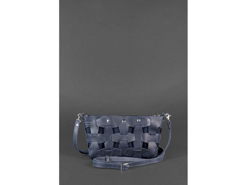 Кожаная плетеная женская сумка Пазл S синяя Crazy Horse, фото 2