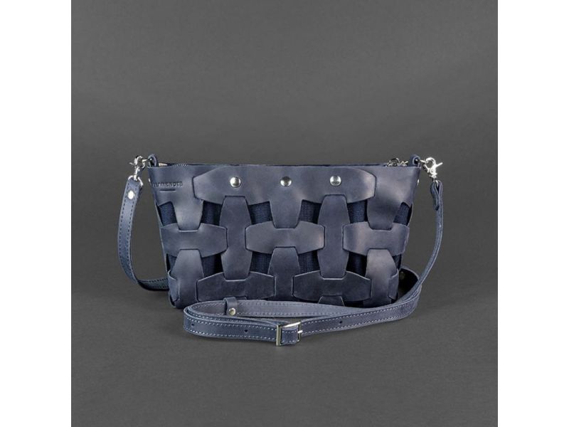 Кожаная плетеная женская сумка Пазл S синяя Crazy Horse, фото 8