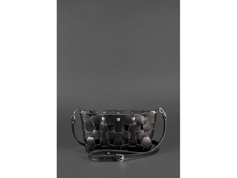 Кожаная плетеная женская сумка Пазл S угольно-черная, фото 2