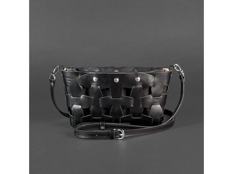 Кожаная плетеная женская сумка Пазл S угольно-черная, фото 8