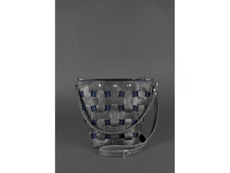 Кожаная плетеная женская сумка Пазл M черная Crazy Horse, фото 2