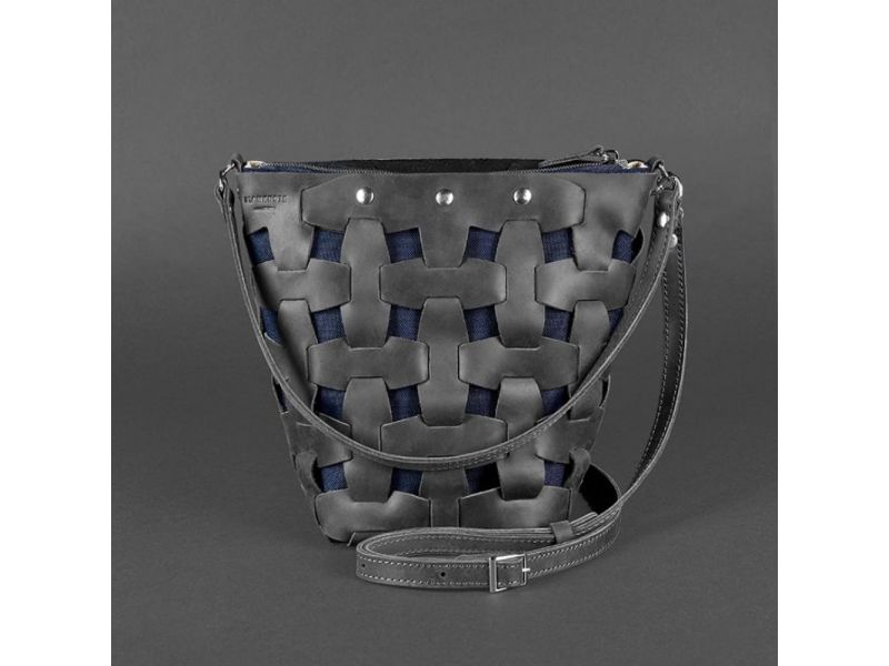 Кожаная плетеная женская сумка Пазл M черная Crazy Horse, фото 8