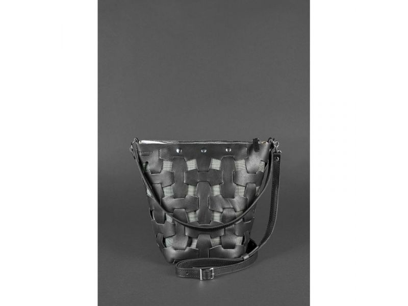 Кожаная плетеная женская сумка Пазл M черная Krast, фото 2