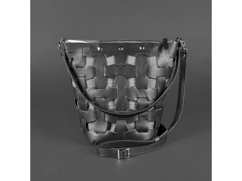 Кожаная плетеная женская сумка Пазл M черная Krast, фото 8