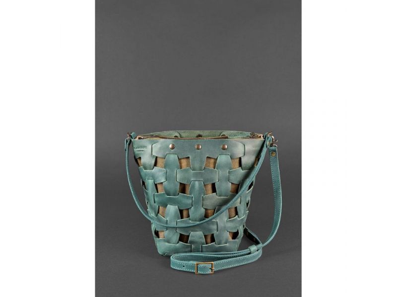Кожаная плетеная женская сумка Пазл M зеленая Crazy Horse, фото 2