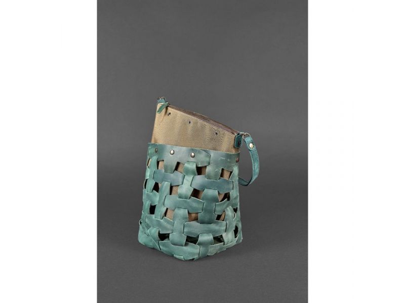 Кожаная плетеная женская сумка Пазл M зеленая Crazy Horse, фото 5