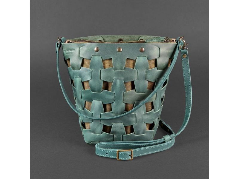 Кожаная плетеная женская сумка Пазл M зеленая Crazy Horse, фото 9