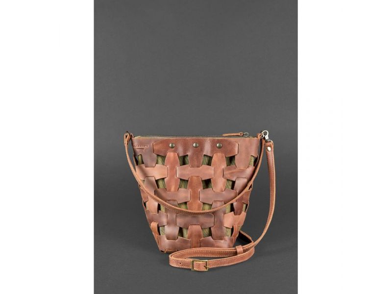 Кожаная плетеная женская сумка Пазл M светло-коричневая Crazy Horse, фото 2