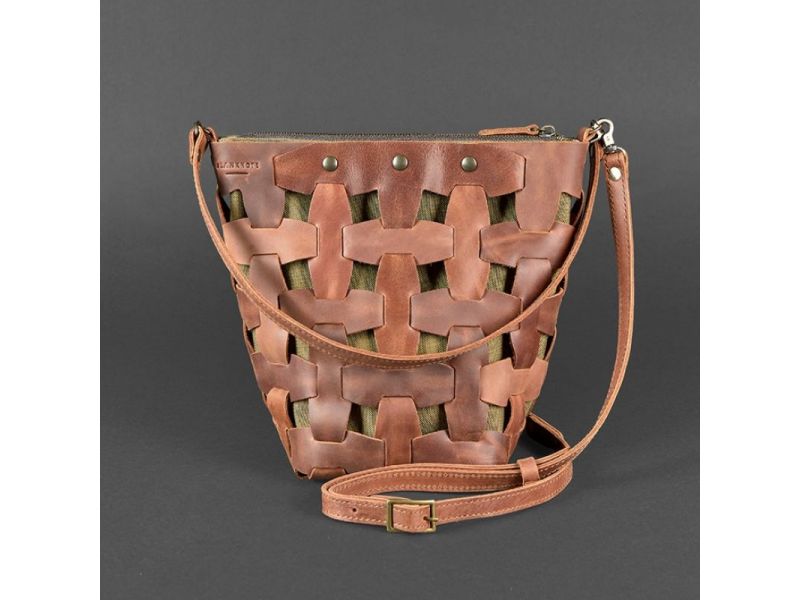 Кожаная плетеная женская сумка Пазл M светло-коричневая Crazy Horse, фото 8