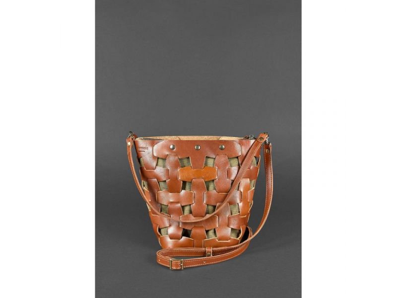 Кожаная плетеная женская сумка Пазл M светло-коричневая Krast, фото 2