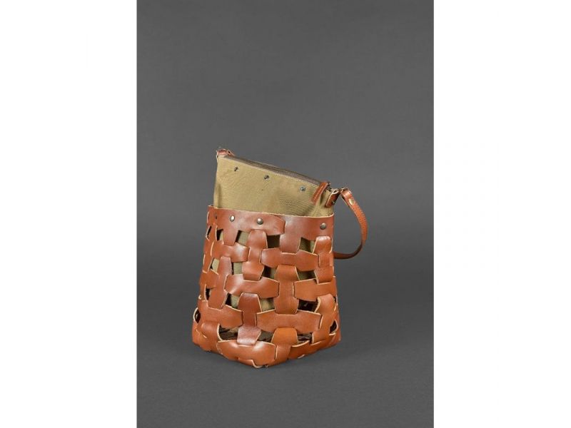Кожаная плетеная женская сумка Пазл M светло-коричневая Krast, фото 5