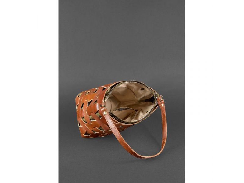 Кожаная плетеная женская сумка Пазл M светло-коричневая Krast, фото 6