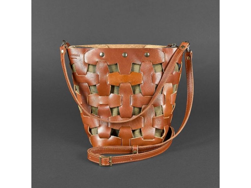 Кожаная плетеная женская сумка Пазл M светло-коричневая Krast, фото 9