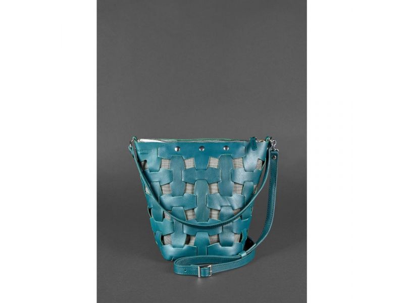 Кожаная плетеная женская сумка Пазл M зеленая Krast, фото 2