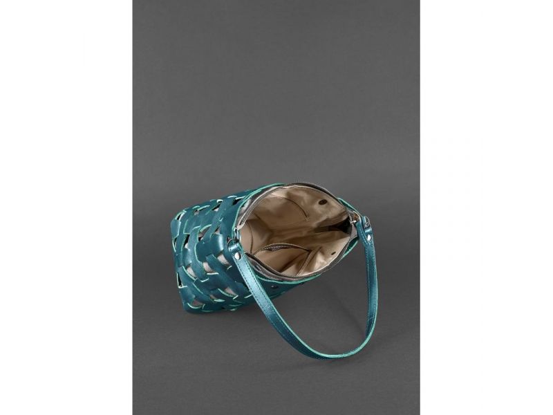 Кожаная плетеная женская сумка Пазл M зеленая Krast, фото 5