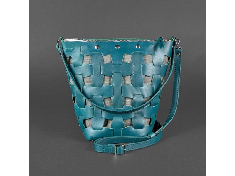 Кожаная плетеная женская сумка Пазл M зеленая Krast, фото 8