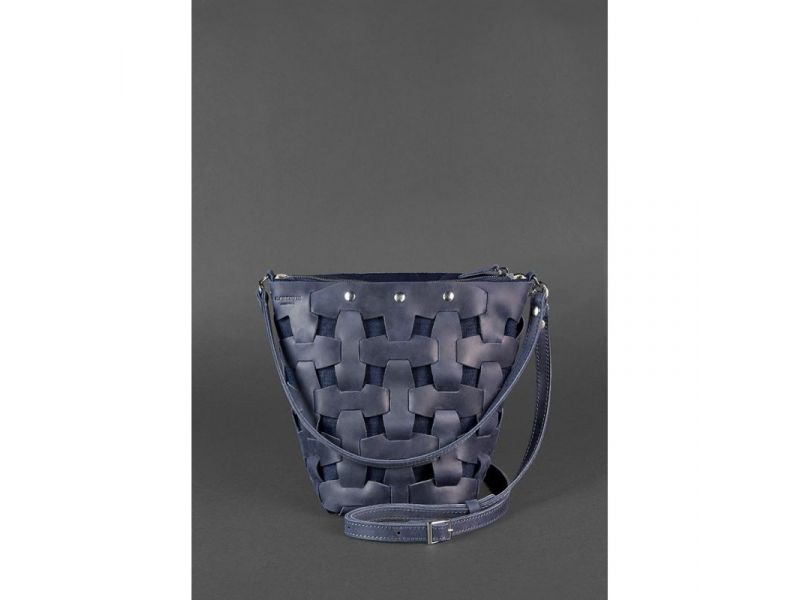 Кожаная плетеная женская сумка Пазл M синяя Crazy Horse, фото 2