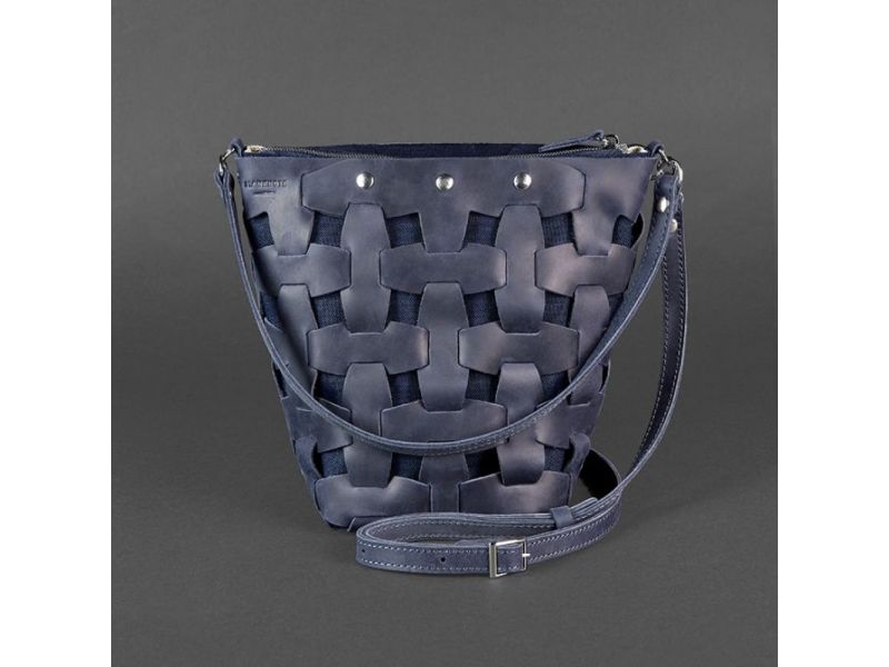 Кожаная плетеная женская сумка Пазл M синяя Crazy Horse, фото 8