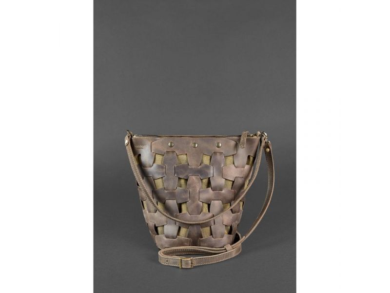 Кожаная плетеная женская сумка Пазл M темно-коричневая Crazy Horse, фото 2