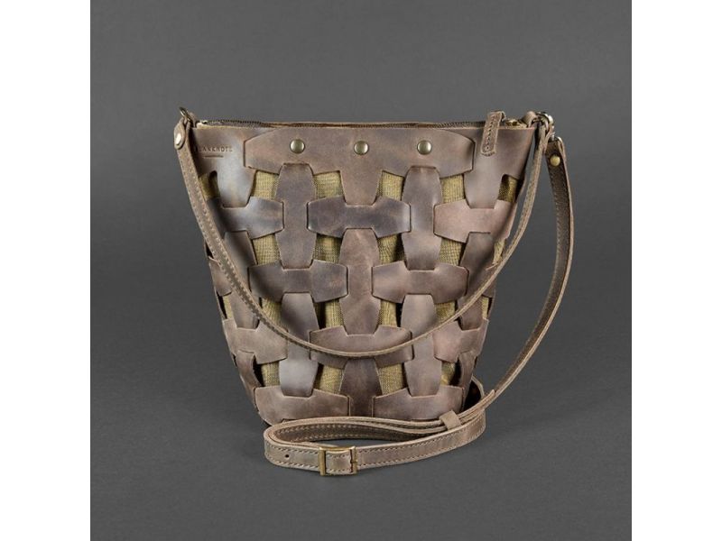 Кожаная плетеная женская сумка Пазл M темно-коричневая Crazy Horse, фото 8