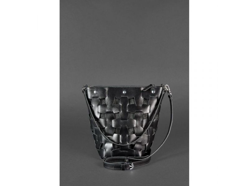 Кожаная плетеная женская сумка Пазл M угольно-черная, фото 2