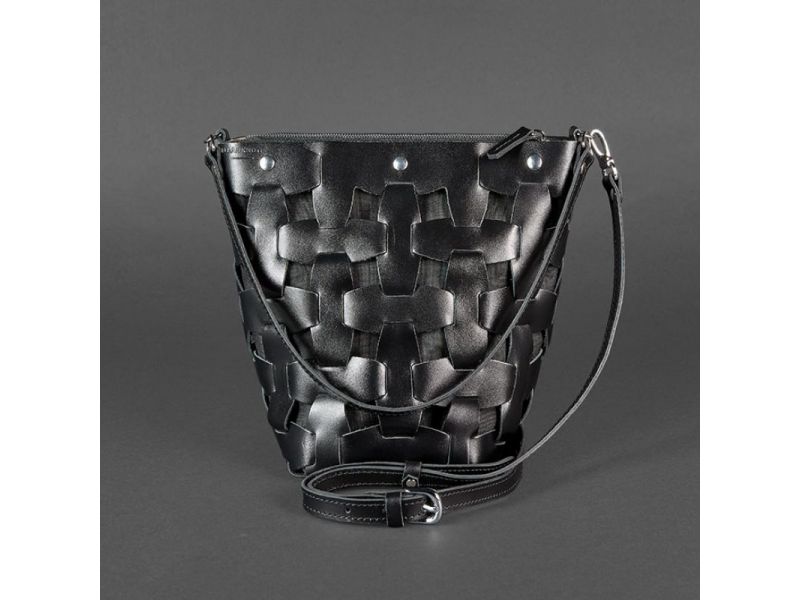 Кожаная плетеная женская сумка Пазл M угольно-черная, фото 8