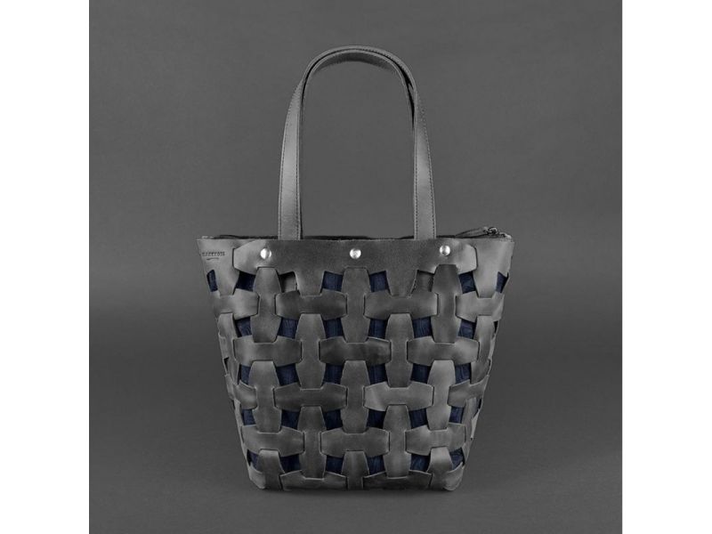 Кожаная плетеная женская сумка Пазл L черная Crazy Horse, фото 8