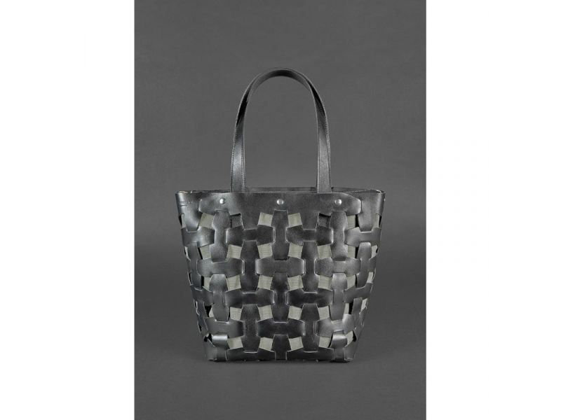 Кожаная плетеная женская сумка Пазл L черная Krast, фото 2