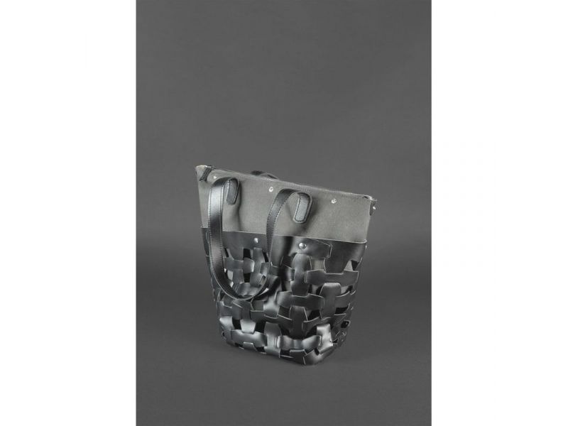 Кожаная плетеная женская сумка Пазл L черная Krast, фото 5