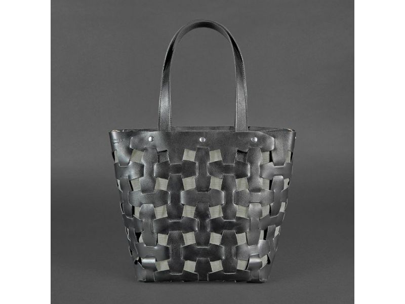 Кожаная плетеная женская сумка Пазл L черная Krast, фото 9