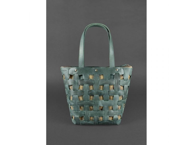 Кожаная плетеная женская сумка Пазл L зеленая Crazy Horse, фото 2