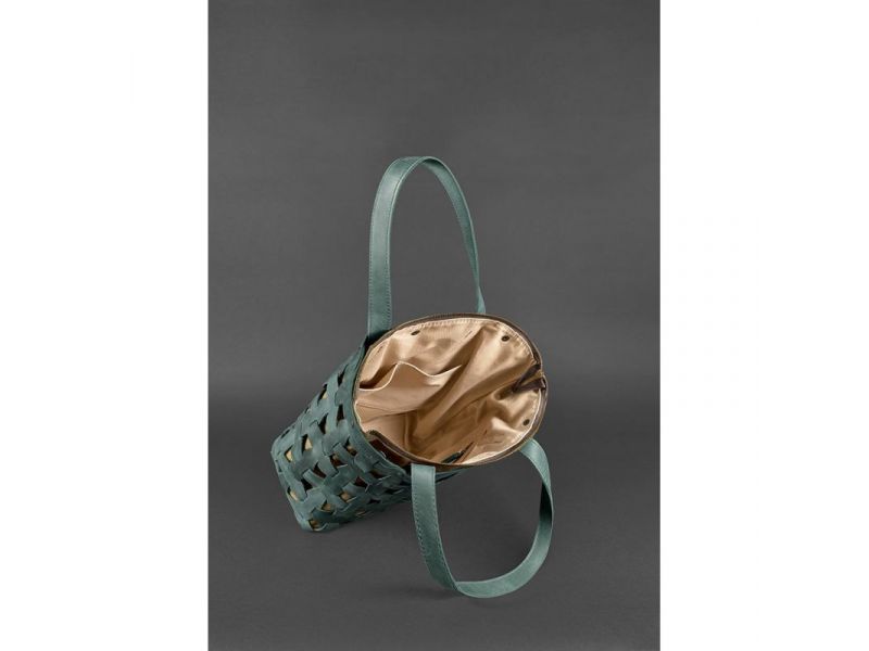 Кожаная плетеная женская сумка Пазл L зеленая Crazy Horse, фото 5