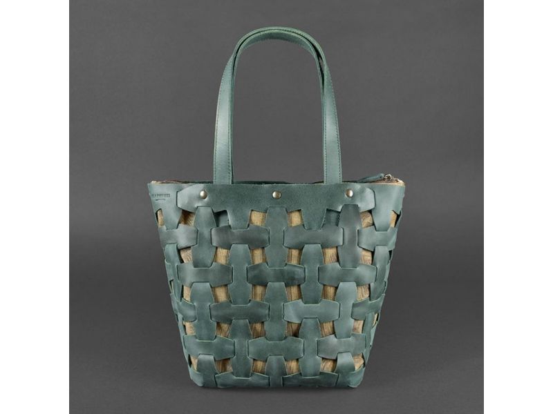 Кожаная плетеная женская сумка Пазл L зеленая Crazy Horse, фото 8