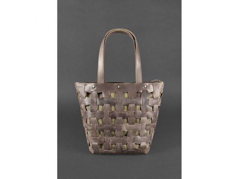 Кожаная плетеная женская сумка Пазл L темно-коричневый Crazy Horse, фото 2