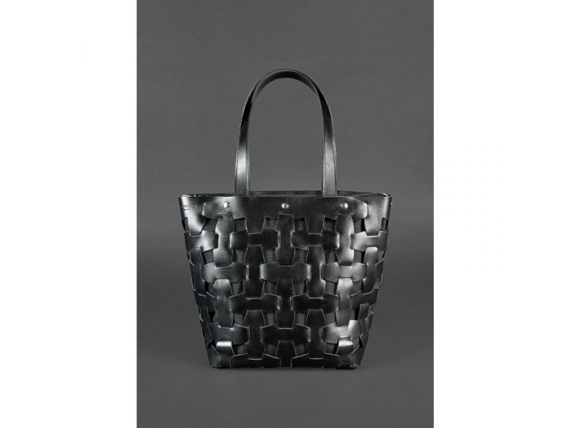 Кожаная плетеная женская сумка Пазл L угольно-черная, фото 2
