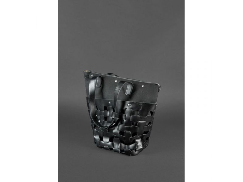 Кожаная плетеная женская сумка Пазл L угольно-черная, фото 5