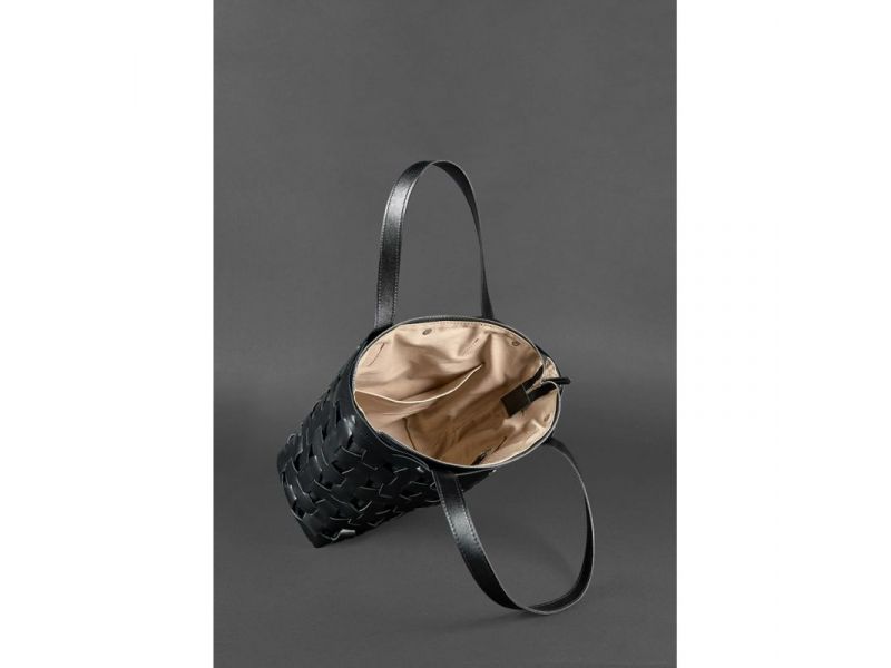 Кожаная плетеная женская сумка Пазл L угольно-черная, фото 6