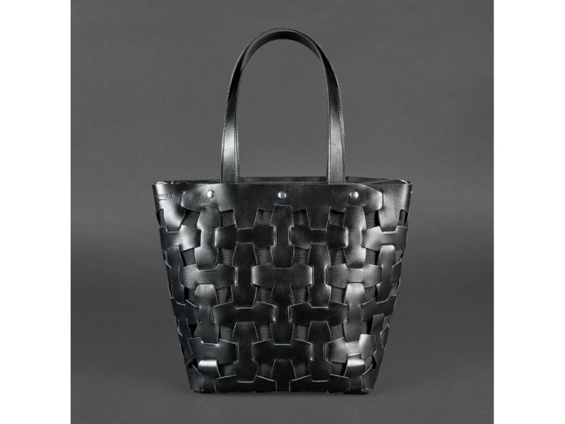 Кожаная плетеная женская сумка Пазл L угольно-черная, фото 10