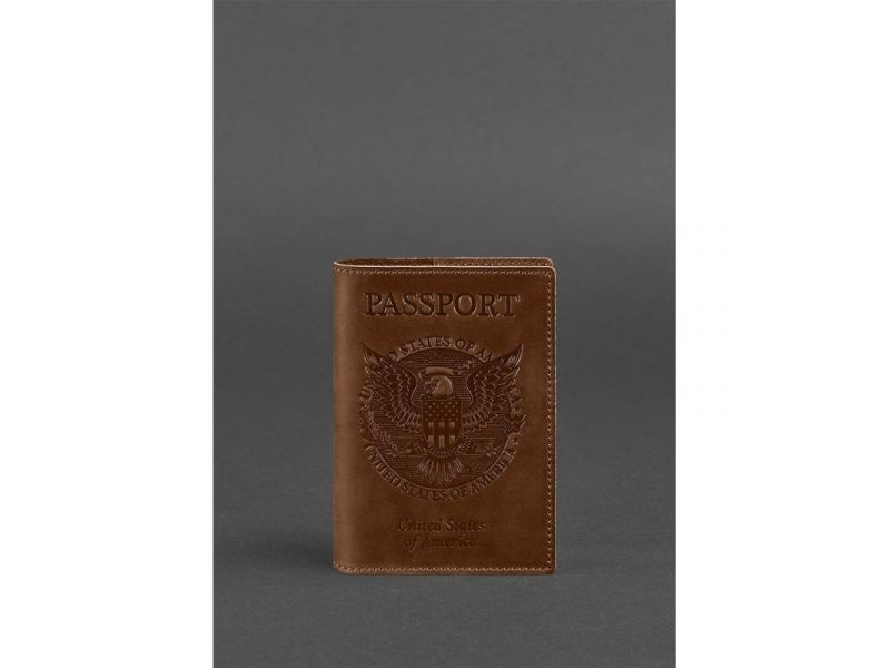 Кожаная обложка для паспорта с американским гербом светло-коричневая, фото 1