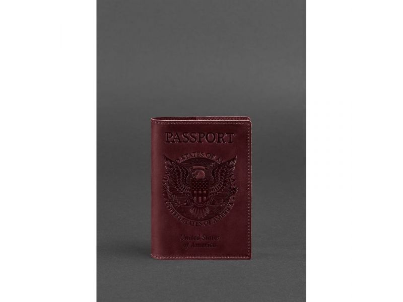 Кожаная обложка для паспорта с американским гербом бордовая, фото 1