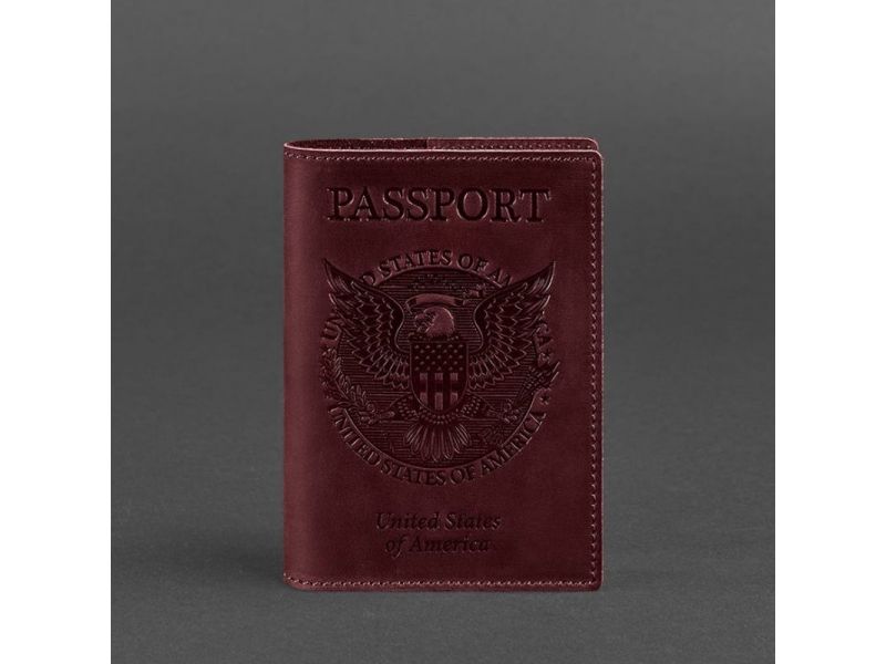 Кожаная обложка для паспорта с американским гербом бордовая, фото 4